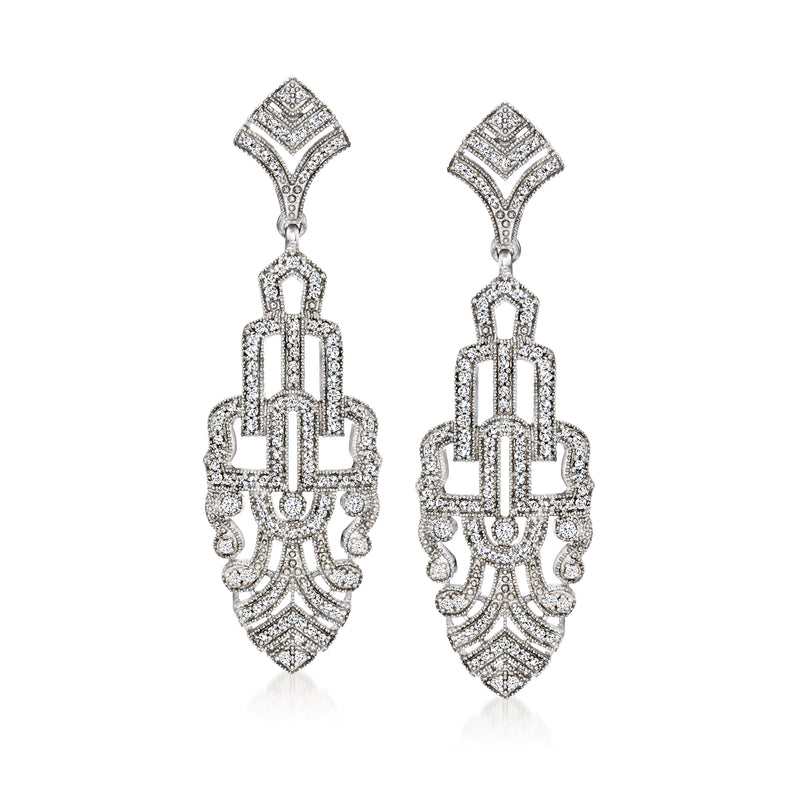 Sterling silver art deco drop earrings with geometric diamond accents