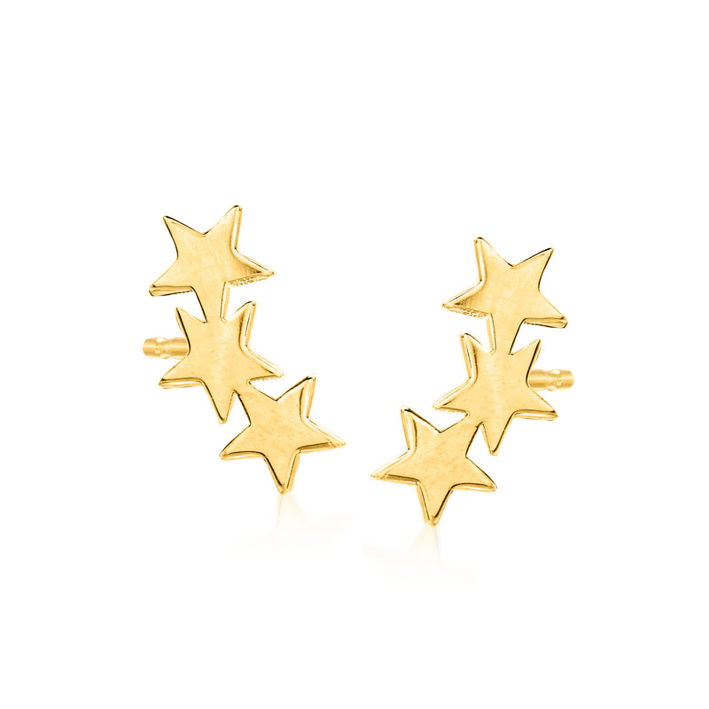 Gold star ear climber stud earrings with three stacked stars