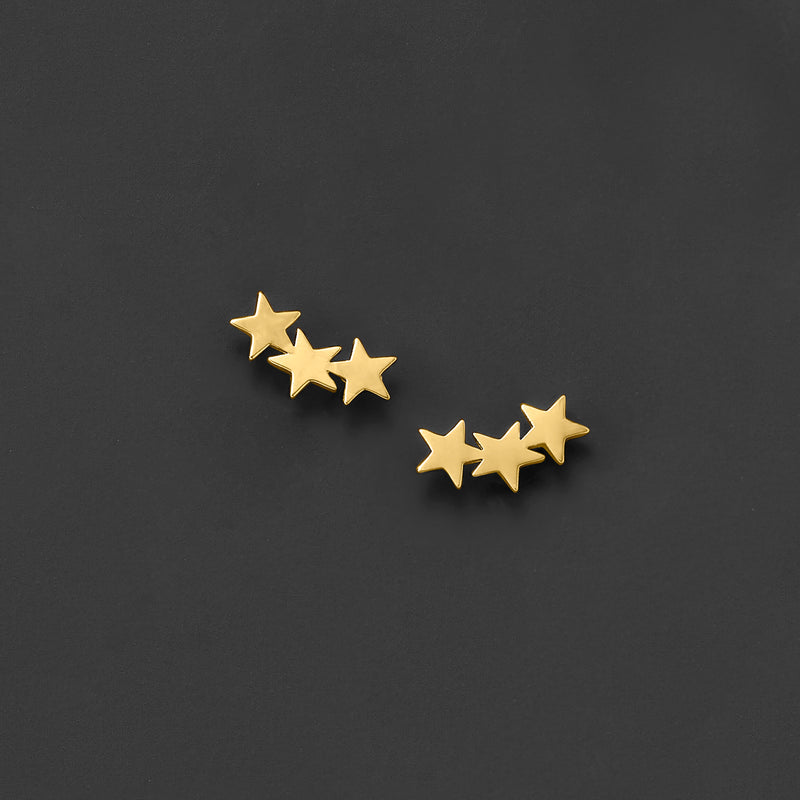 Yellow gold star ear climber stud earrings, three-star drop design