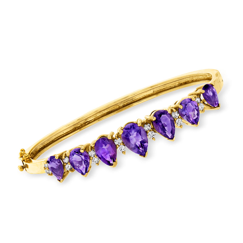Vintage yellow gold bangle bracelet with purple amethyst and diamond accents