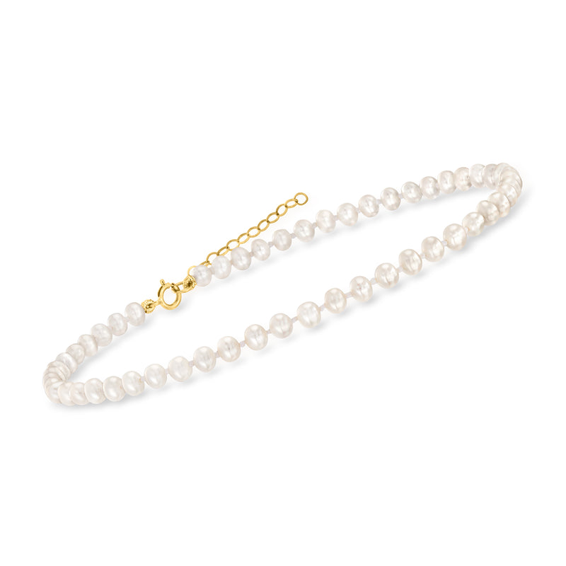 Cultured pearl anklet with 4–4.5mm white pearls and 14kt yellow gold end clasp