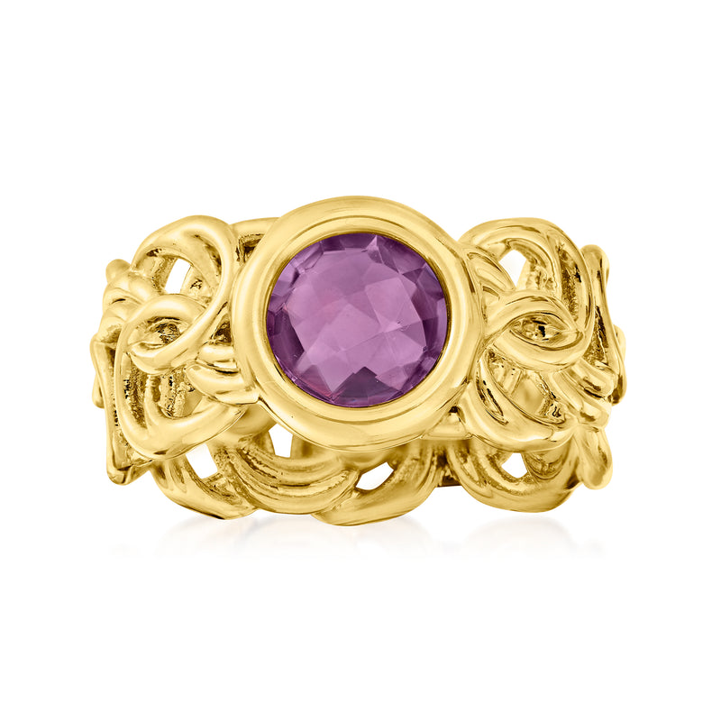 Yellow gold Byzantine ring with oval purple amethyst center and ornate scrollwork bezel
