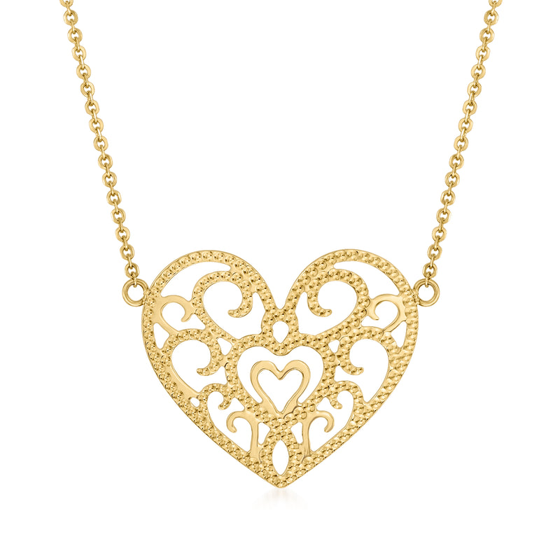 14kt yellow gold heart pendant necklace with filigree cutouts and inner heart