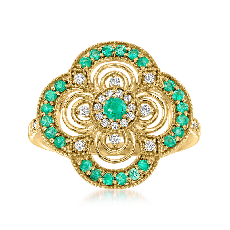 Vintage-style gold ring with emerald and diamond halo