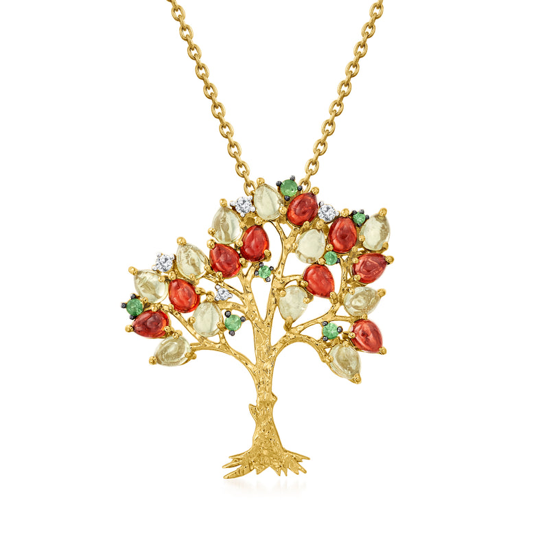 Gold-tone Tree of Life pendant necklace with red, green, and white gemstones, chain included
