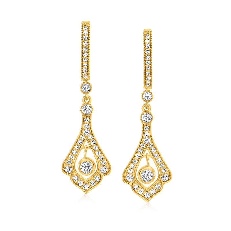 Gold hoop drop earrings with round stone accents and teardrop dangling halo