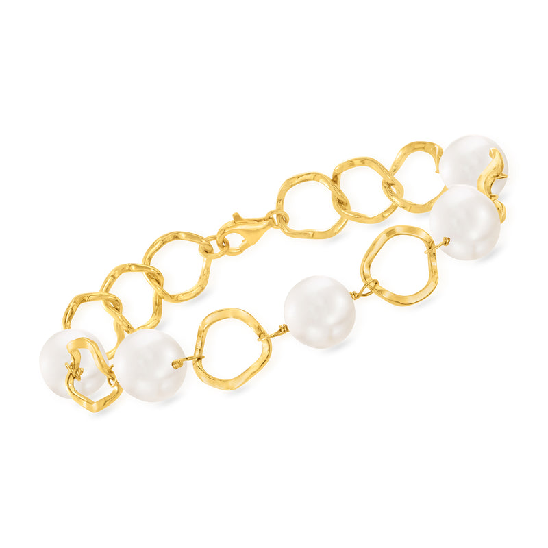 Cultured pearl link bracelet with 18kt yellow-gold over sterling-silver links