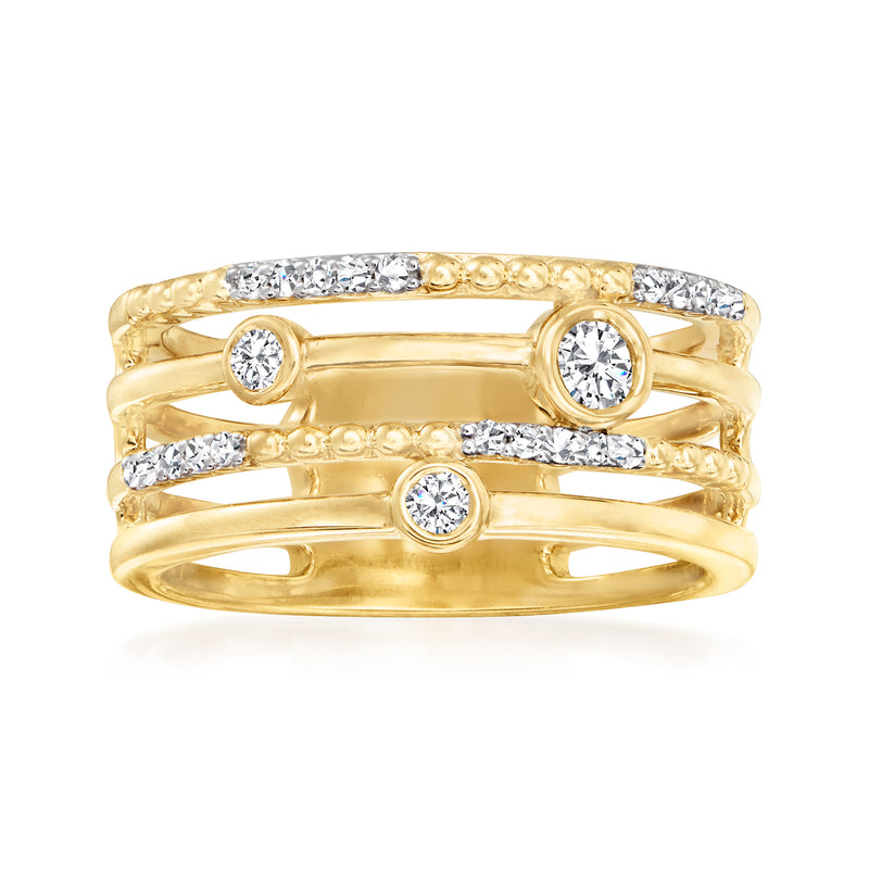 Gold open-space multi-row diamond ring with round bezel-set stones