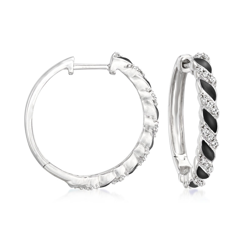 Sterling silver twisted hoop earrings with diamond accents and black enamel ovals