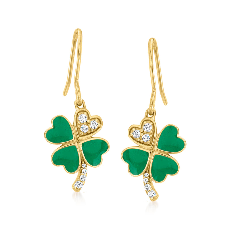 Gold-tone four-leaf clover earrings with green enamel, diamond-like stones, drop dangles
