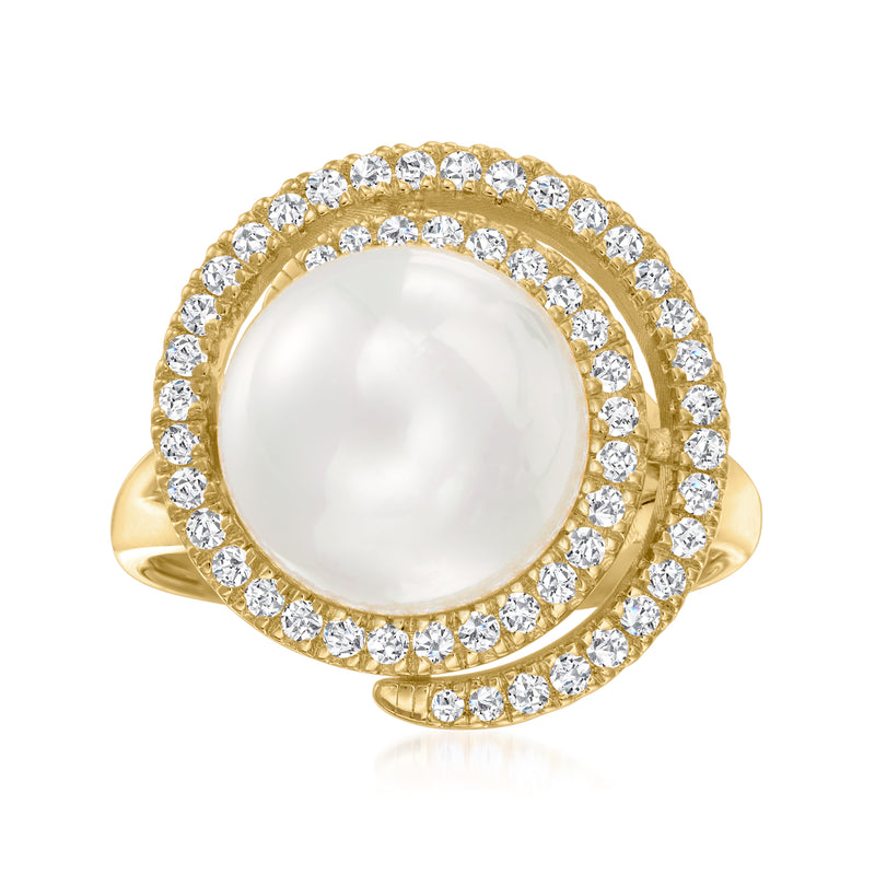 Gold over sterling swirl ring with round white shell pearl and halo of CZ stones