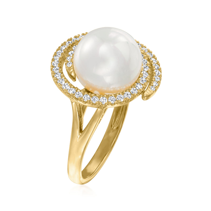 Gold swirl ring with round white shell pearl, scalloped CZ halo, slim curved band