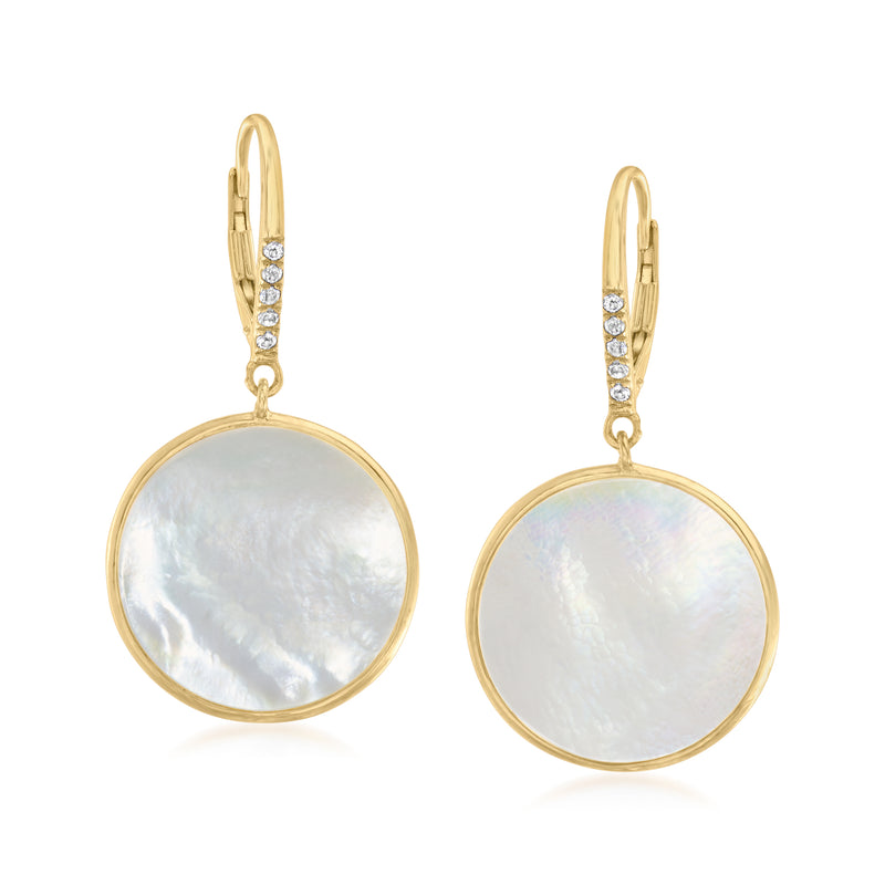 18kt gold leverback drop earrings with mother-of-pearl round discs.