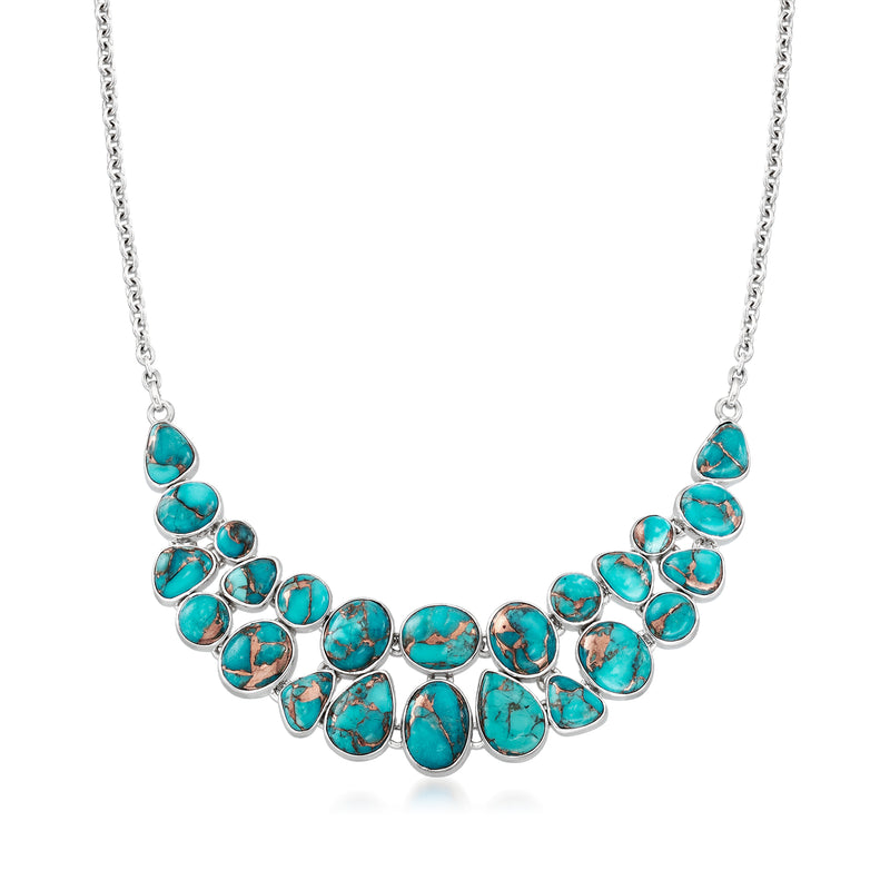 Sterling silver bib necklace with oval Kingman turquoise cabochons and chain