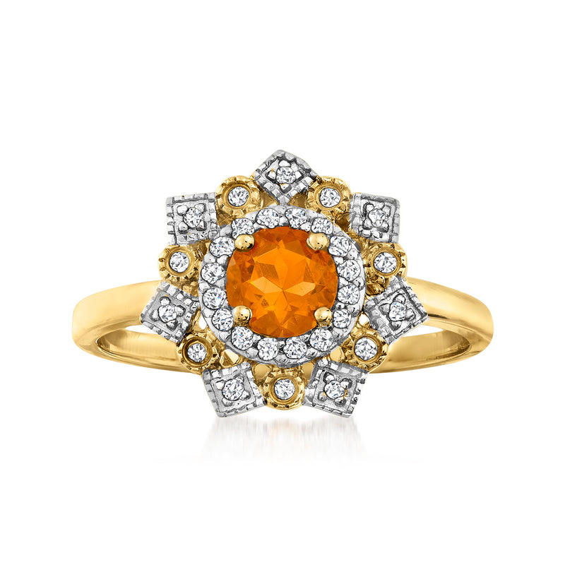 14k yellow gold ring with orange oval fire opal center and diamond halo, round stones