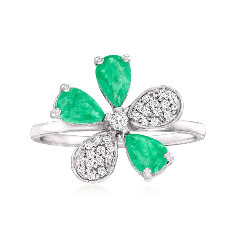 14kt white gold flower ring with green emerald petals and diamond accents