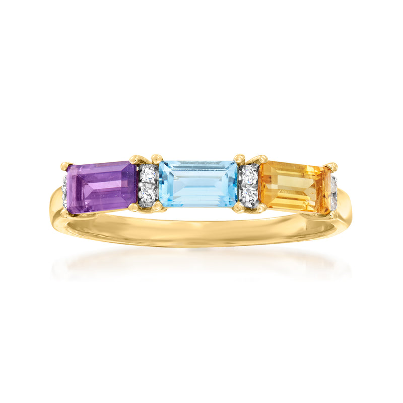 14kt yellow gold ring with three multi-color gemstones: amethyst purple, light blue, and citrine.