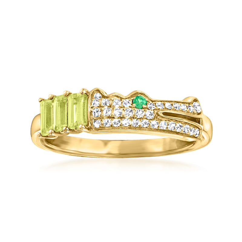 14kt yellow gold alligator-style ring with rectangular green peridot and diamond bands