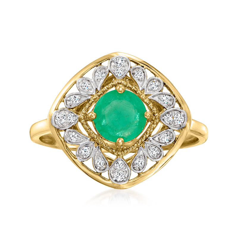 14kt yellow gold ring with oval green emerald center and diamond halo accents