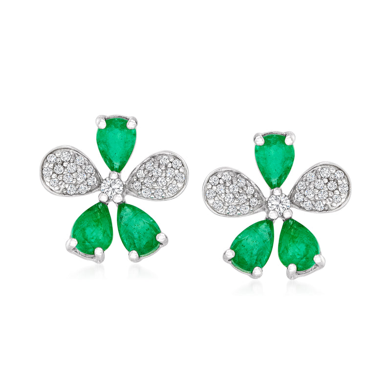 Emerald and diamond flower post earrings in 14kt white gold