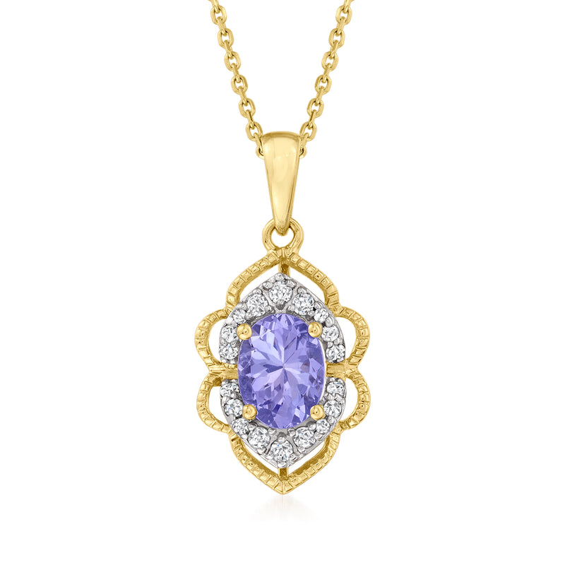 14kt yellow gold pendant necklace with oval lavender tanzanite and diamond halo