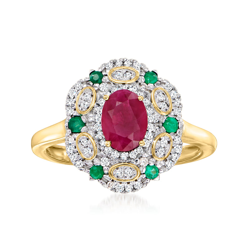 14k yellow gold ring with oval ruby center, green emerald accents, and diamond halo