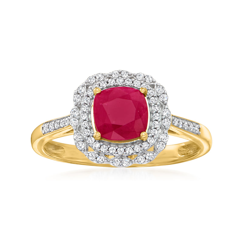 14kt yellow gold ring with cushion-cut ruby, double diamond halo, and diamond shoulders