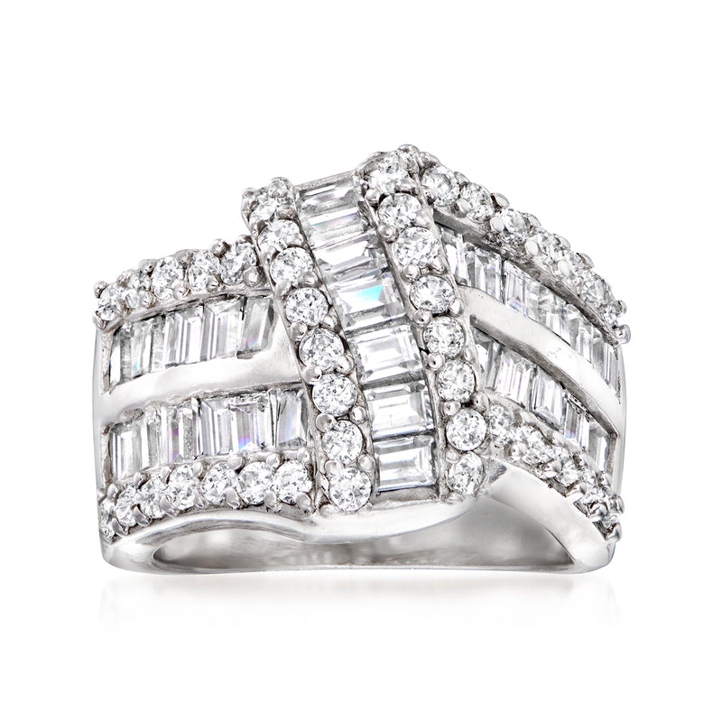 Sterling silver curve ring with multiple CZ stones and baguette-cut center accent