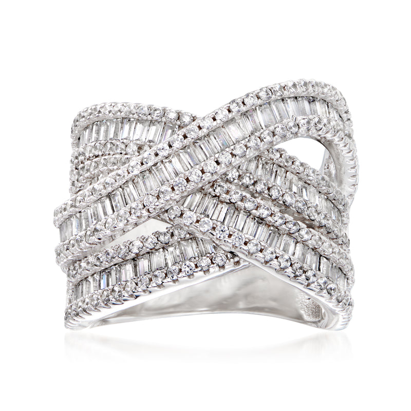 Sterling silver CZ highway ring with layered baguette and round stones, pave finish