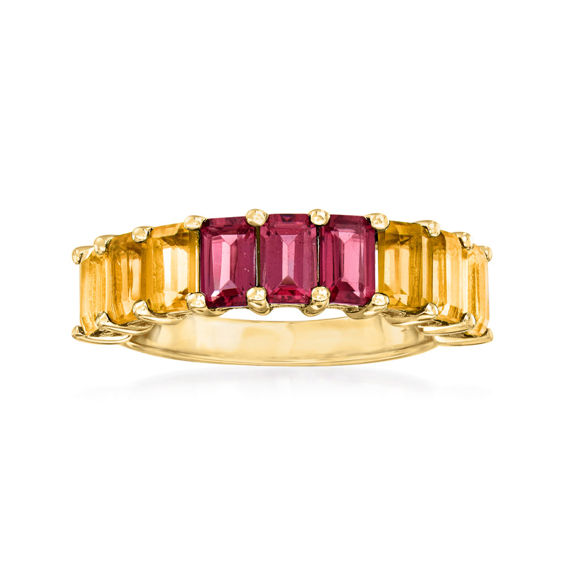 Gold over sterling ring with yellow citrine and maroon garnet gemstone row