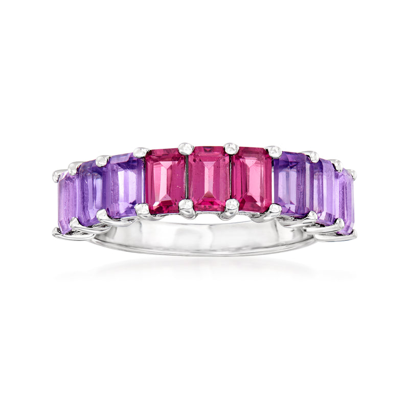 Sterling silver ring with alternating amethyst and rhodolite red-pink gemstones