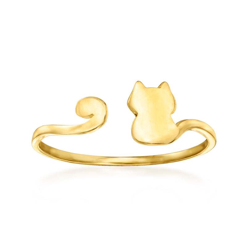 Cat cuff ring in 14kt yellow gold, curled cat face on open band