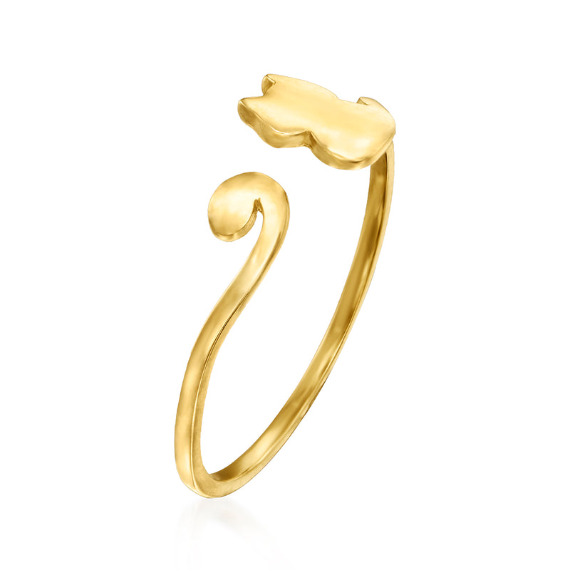 Cat cuff ring in 14kt yellow gold with raised cat head on open band