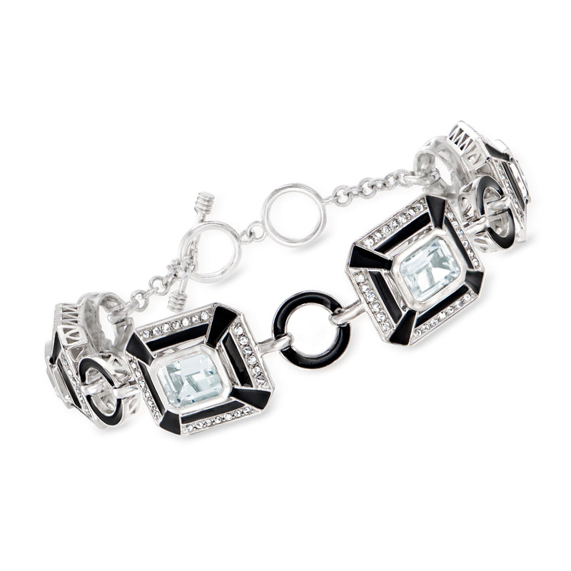 Sterling silver bracelet with square white stones, black enamel trim, hinged clasp detail