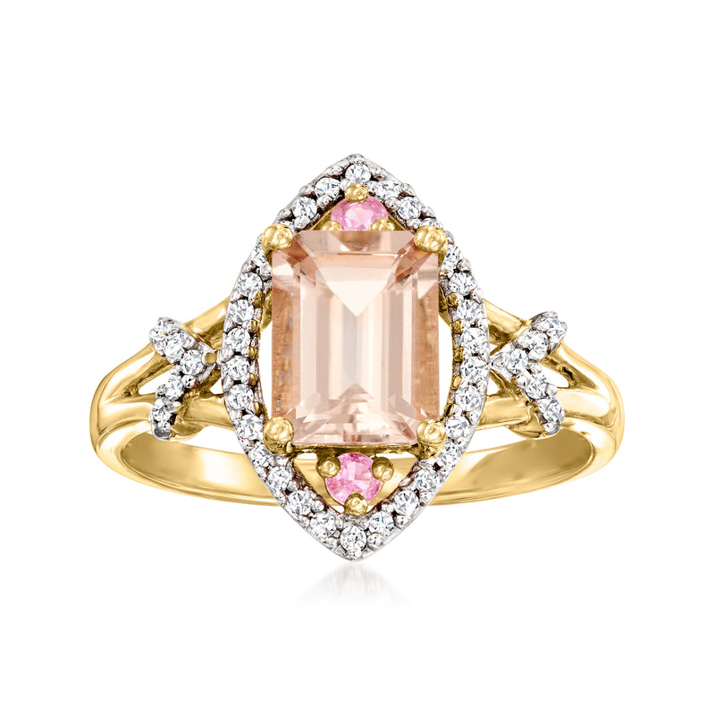 Yellow gold ring with oval morganite, diamond halo, pink sapphire accents