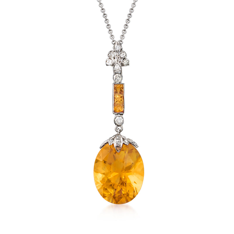 Vintage citrine and diamond pendant necklace, oval citrine with white-gold frame.