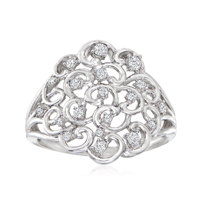 14kt white gold diamond openwork swirl ring with round-cut stones