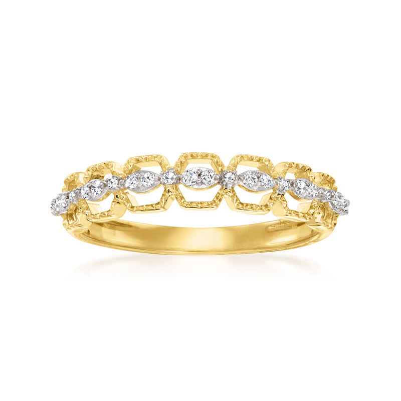 14kt yellow gold geometric diamond ring with round stones, slim band