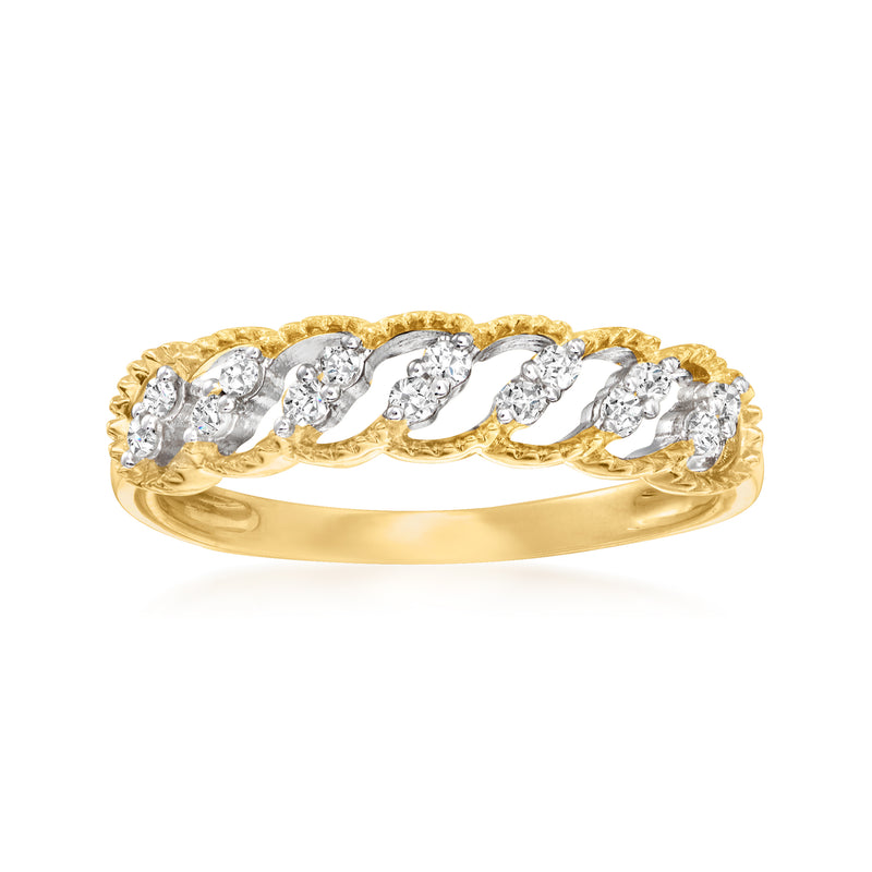 14kt yellow gold diamond open-space ring with round pave stones
