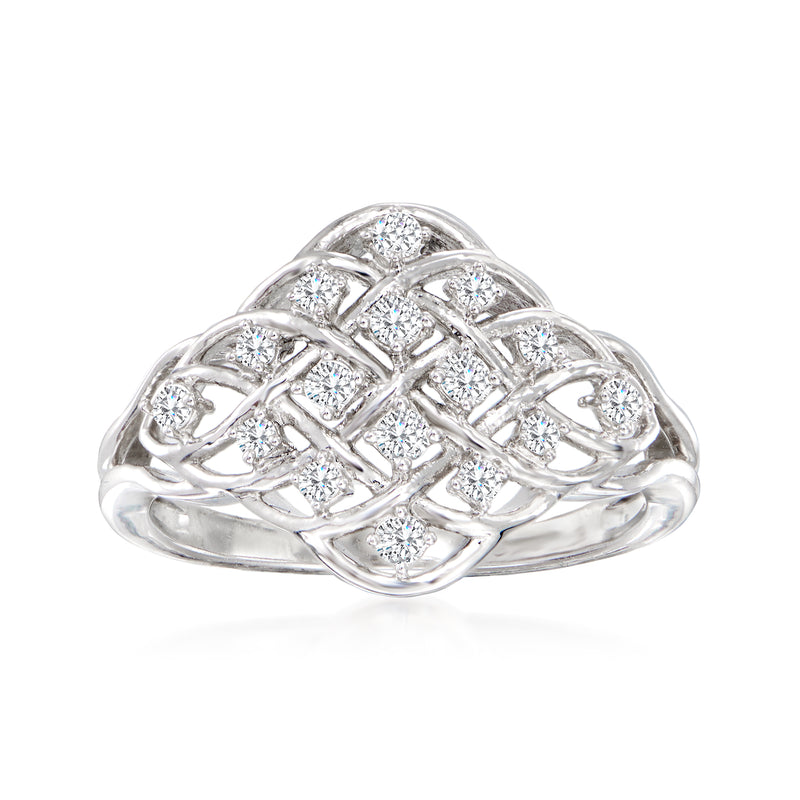 14kt white gold woven diamond ring with round brilliant diamond accents