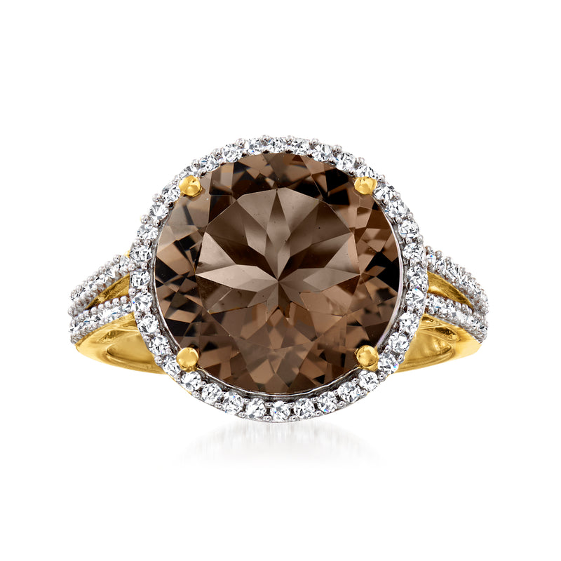 Smoky quartz and white zircon ring in 18kt gold over sterling silver