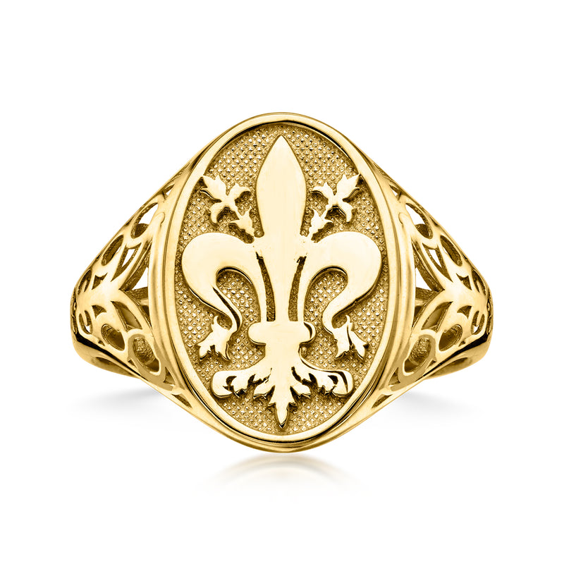 Yellow gold signet ring with fleur-de-lis emblem in oval setting, engraved details