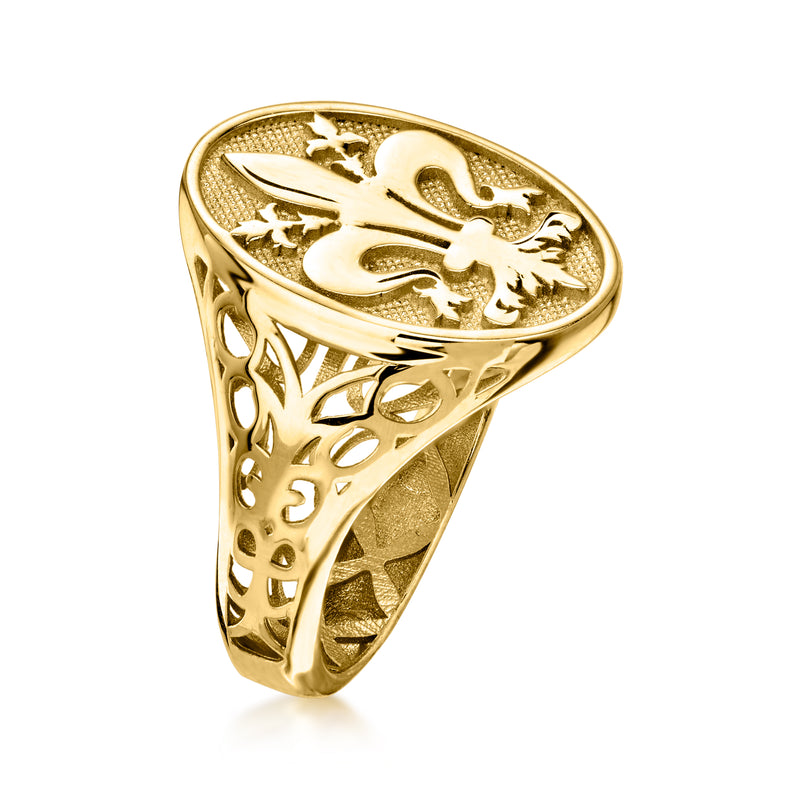 Yellow gold signet ring with oval fleur-de-lis face; filigree cutout shank