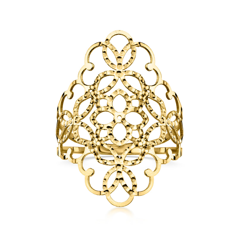 14kt yellow gold filigree ring with openwork floral design, round crown top