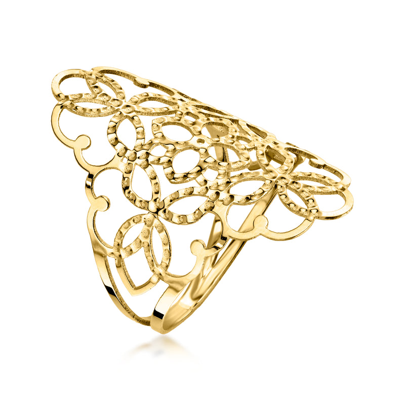 14kt yellow gold filigree ring, slim band with ornate oval openwork pattern