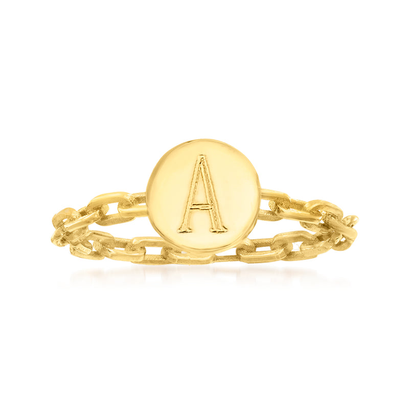 14kt yellow gold initial A paperclip link ring with round bezel