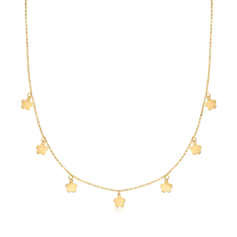 14kt yellow gold flower charm station necklace with small clover-style charms