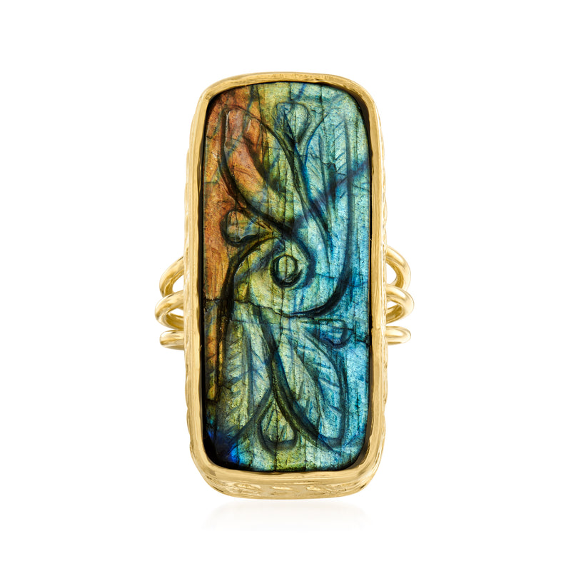 Labradorite ring with rectangular blue-green gemstone in gold over sterling setting
