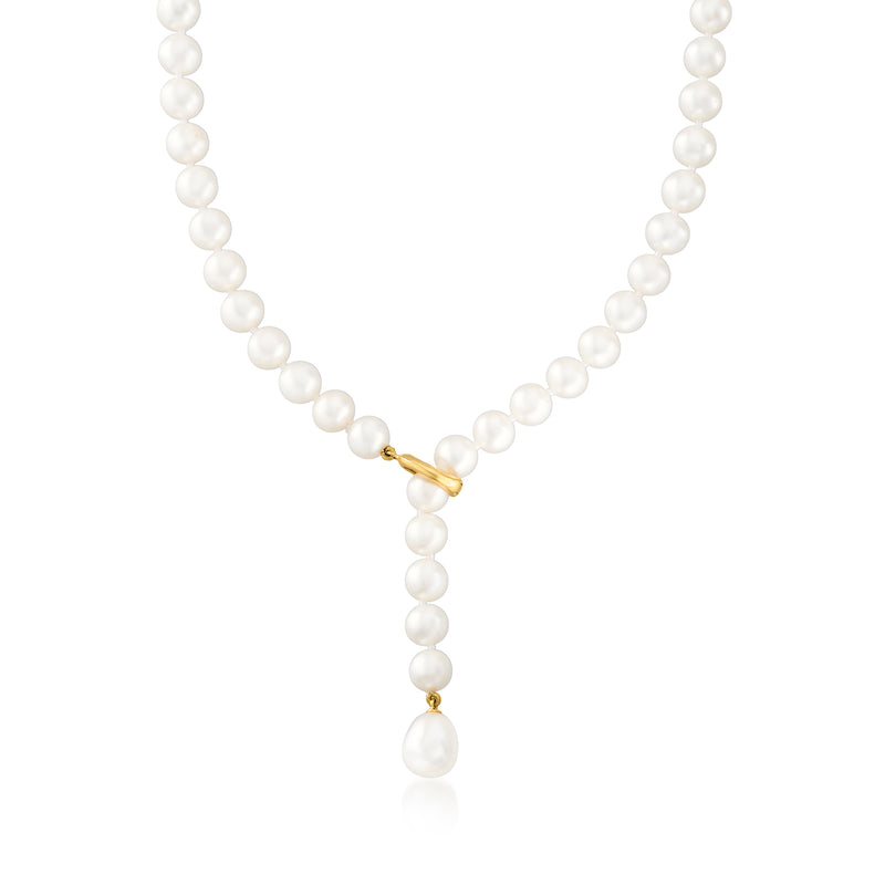 Cultured pearl lariat necklace with 18kt gold over sterling connector, round white pearls