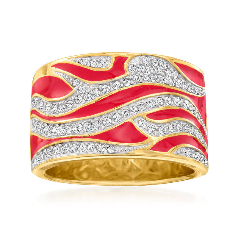 Gold over sterling ring with red enamel flame design and diamond accents